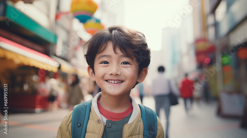  cheerful young asian kid looking at the camera standing on city street 