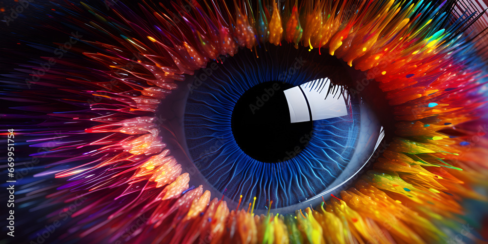 Close up of human eye with beautiful iris, Human multicolored iris animation eye concept,  Eye of the rainbow Generated AI

