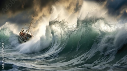 A small ship is covered by a wave during a storm at sea © cherezoff