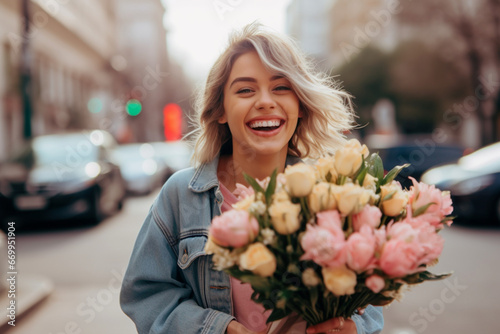 Happy woman holding bouquet of flowers and walking at the city street © alisaaa