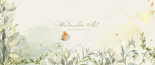 Abstract watercolor background with botanical and butterfly on watercolor stains