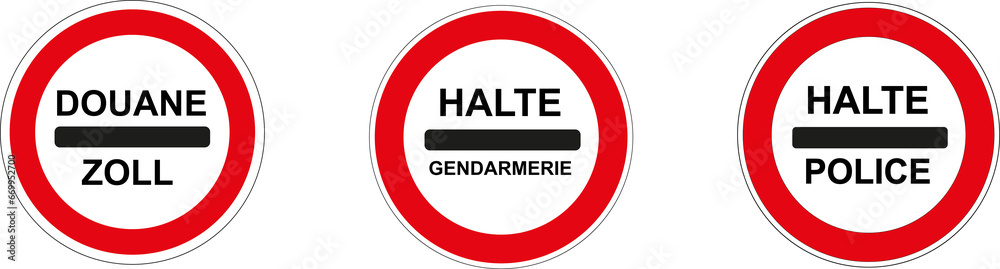 Panneau routier français: Arrêt obligatoire au barrage de police, gendarmerie, douane Panneau routier français: Arrêt obligatoire au barrage de police, gendarmerie, douane
