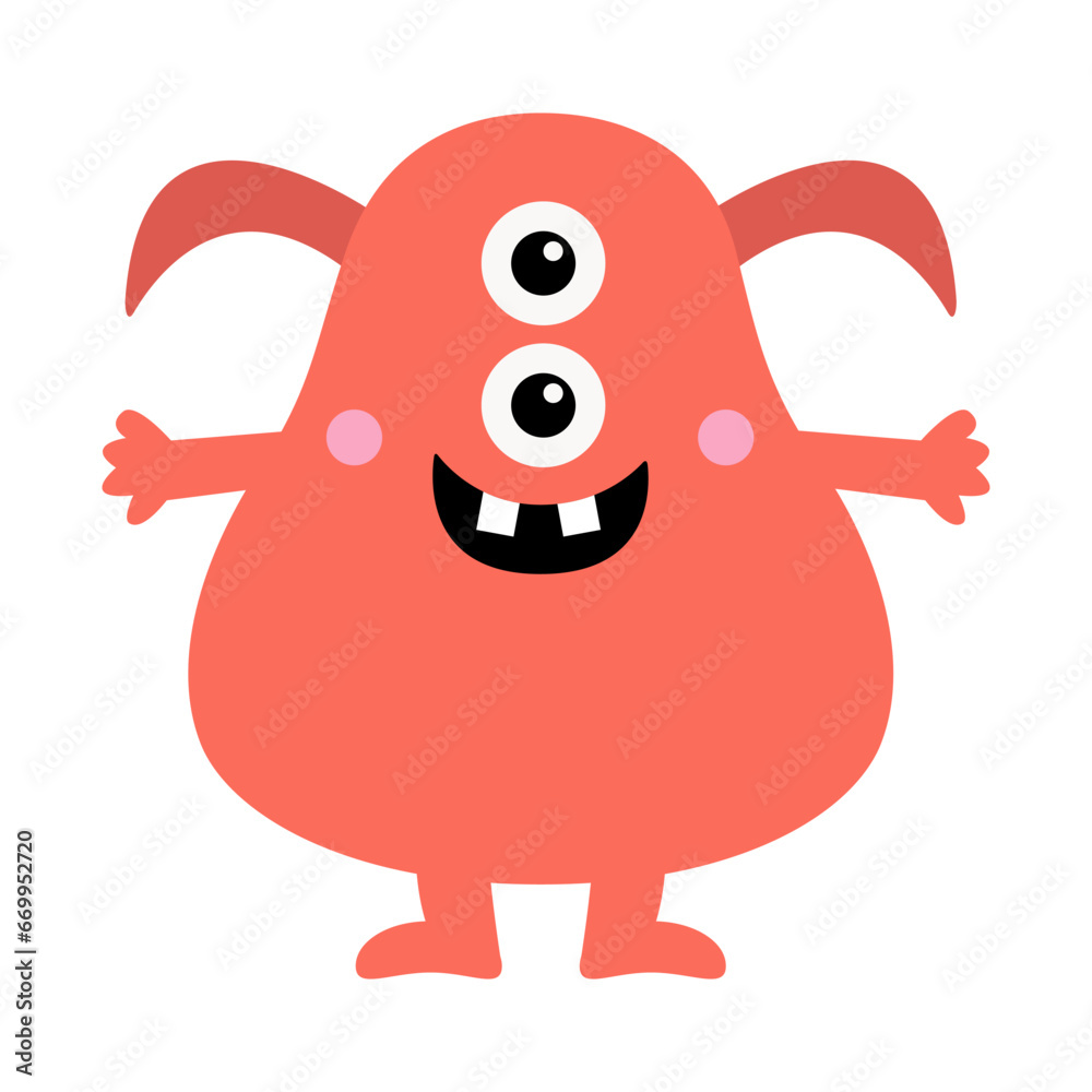 Fototapeta premium Cute monster red face head icon. Happy Halloween. Eyes, horns, hands, cheeks, tooth fangs. Cute cartoon kawaii scary funny baby character. Flat design. White background. Isolated.