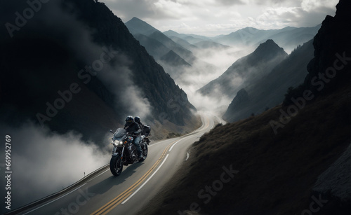 motorized travels and riding his motorcycle on mountain roads 