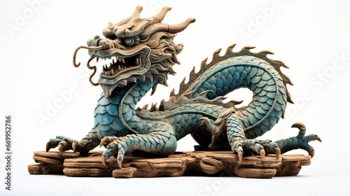 Chinese dragon statue old rustic isolated on white background © Daniel