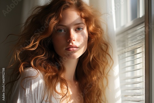 Portrait of an imperturbable dear face, close to a young woman with freckles, a tired expression, a feeling of emotion of calm and indifference.