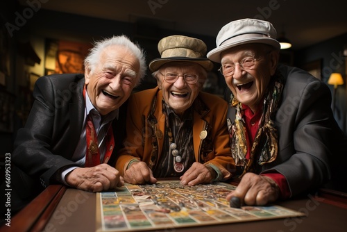 A group of pensioners play board games for the development of intelligence and for fun.