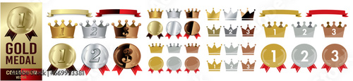 Gold crown medal icons set Vector