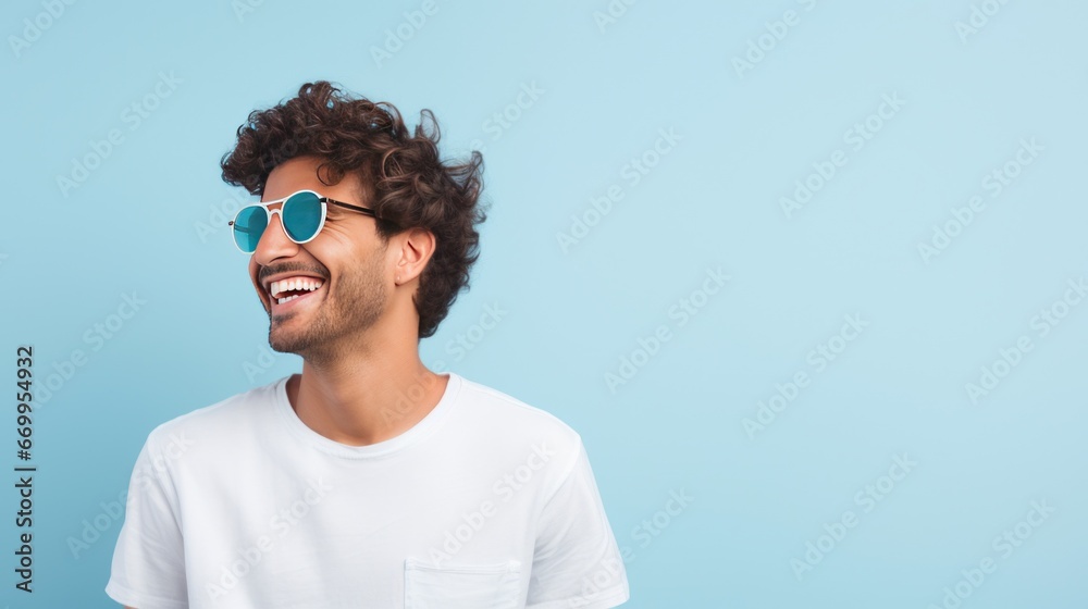 Fototapeta premium Cheerful young man, happy young man with light pink background, emotions on man's face