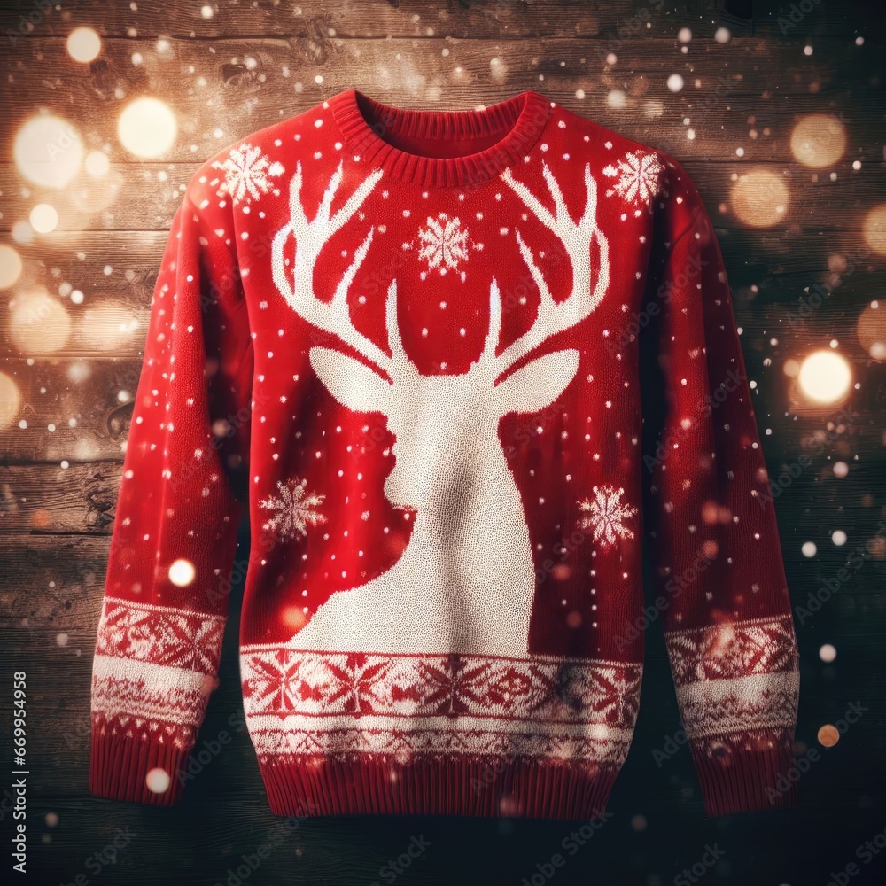 Christmas sweater  with deer and candles christmas decoration background