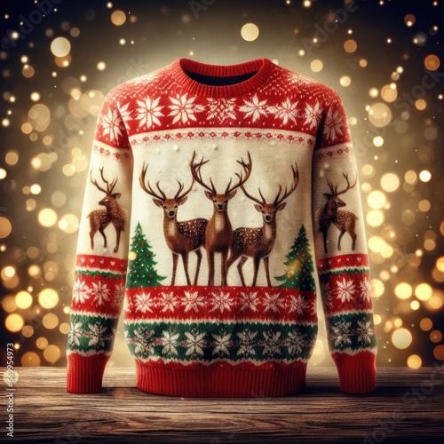 Christmas sweater with deer and candles christmas decoration background