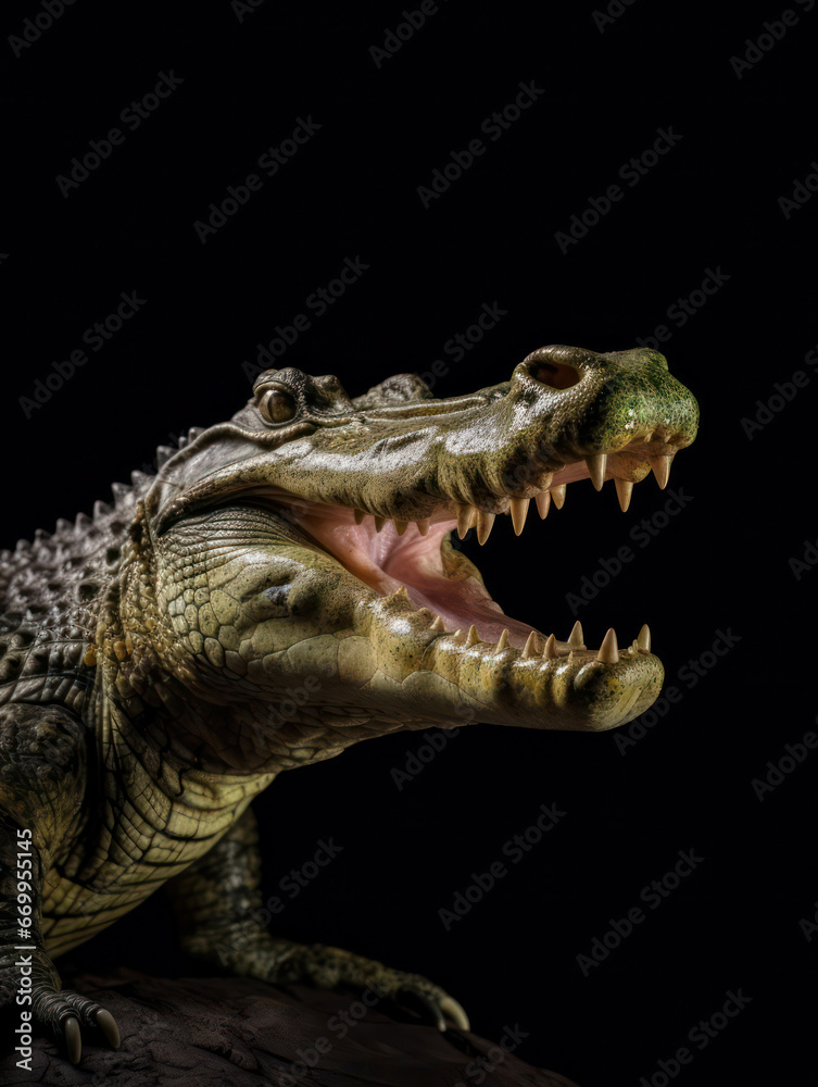 Fototapeta premium Crocodile Studio Shot Isolated on Clear Black Background, Generative AI