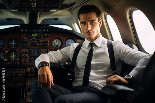 High angle view of professional pilot sitting in an airplane cabin, ready for takeoff
