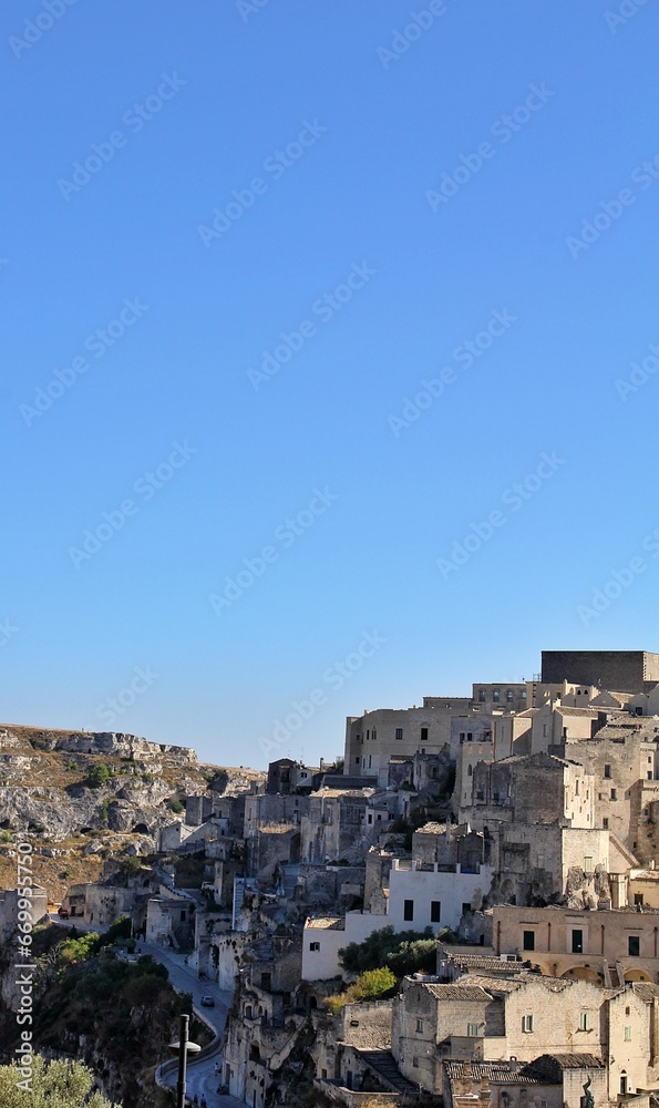 view of the ancient city of Matera, old rock-cut houses, rock city in southern Italy, houses on the hill