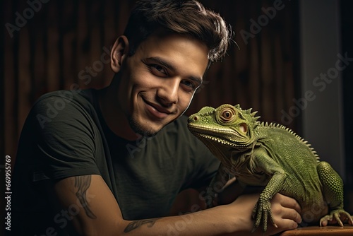 Portrait of a smiling young man holding chameleon and looking at camera in dark room ai generative