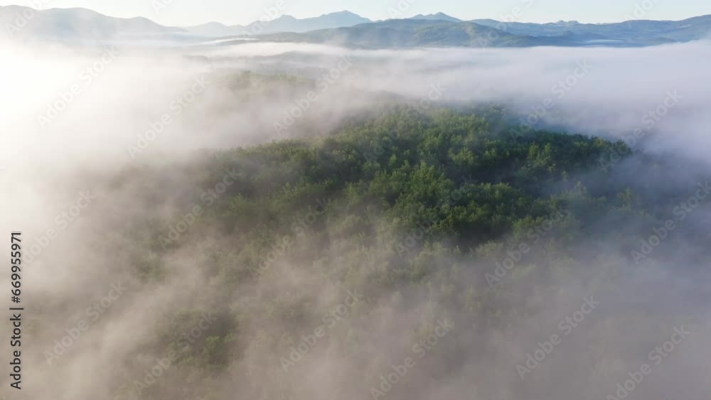 Aerial flight over the morning mist of Lika, Croatia. Flight over beautiful landscape with forest and grassland. Aerial flight over the morning mist of Lika, Croatia. Flight over beautiful landscape with forest and grassland.