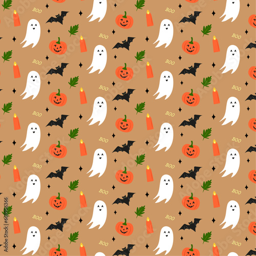 Halloween pattern with ghosts, pumpkins, candles, leaves, a bat and an inscription (beige background)