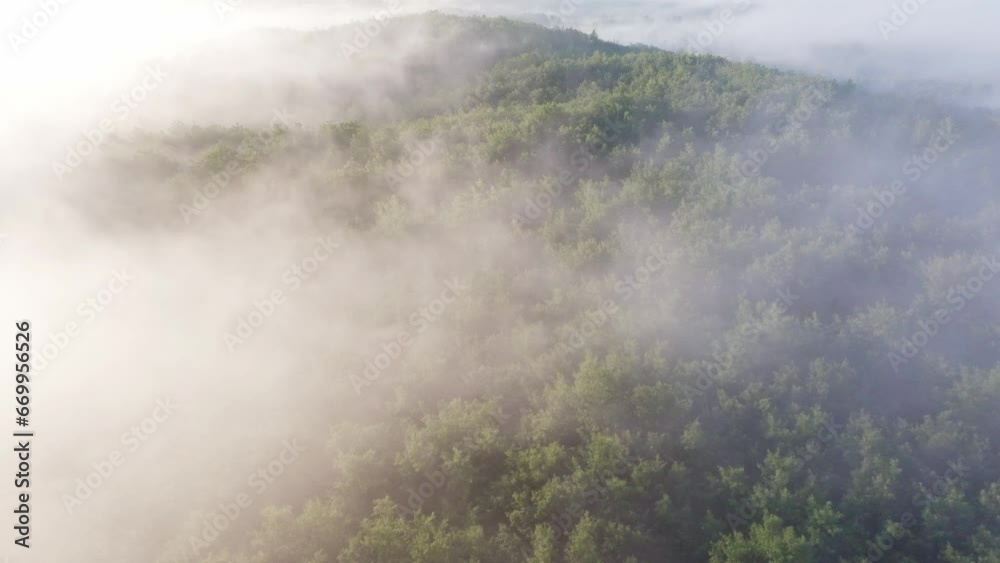 Aerial flight over the morning mist of Lika, Croatia. Flight over beautiful landscape with forest and grassland. Aerial flight over the morning mist of Lika, Croatia. Flight over beautiful landscape with forest and grassland.