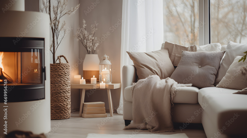 Fototapeta premium Step into a Scandinavian-style living room, where clean lines, minimalist decor, and a calming color palette create a serene and inviting space, embodying the essence of Scandinavian design.