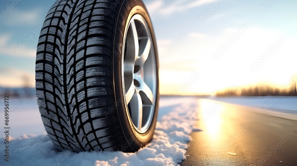 Winter tire on a snowy road - obrazy, fototapety, plakaty 