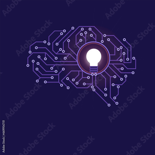 Illustration of connected neural networks illuminating a bulb inside a human brain