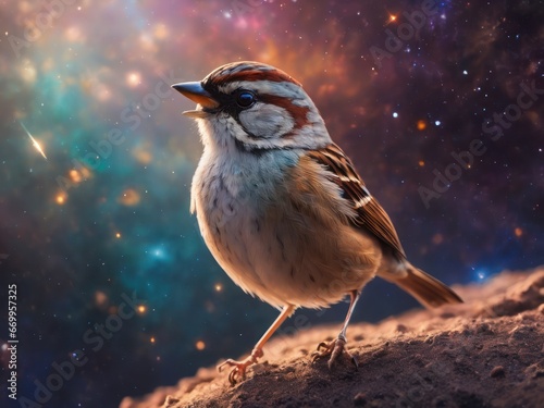 Sparrow against the background of the sky and stars © pla2u