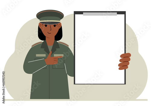A woman in a military uniform is holding a large clipboard with plenty of space for text. Vector