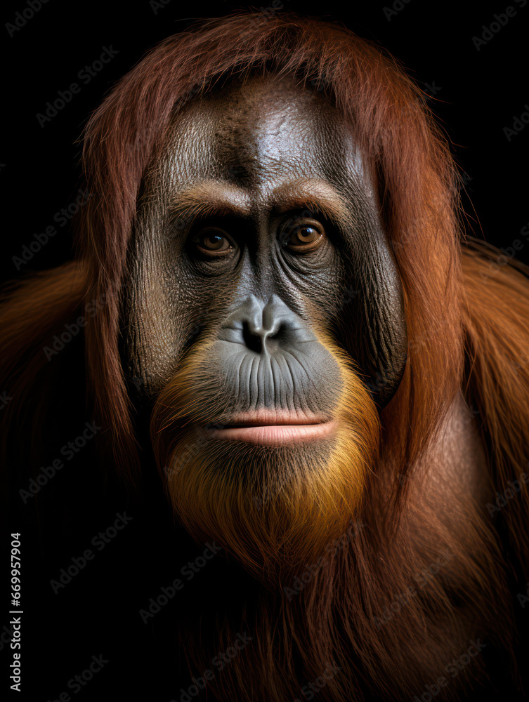 Orangutan Studio Shot Isolated on Clear Black Background, Generative AI