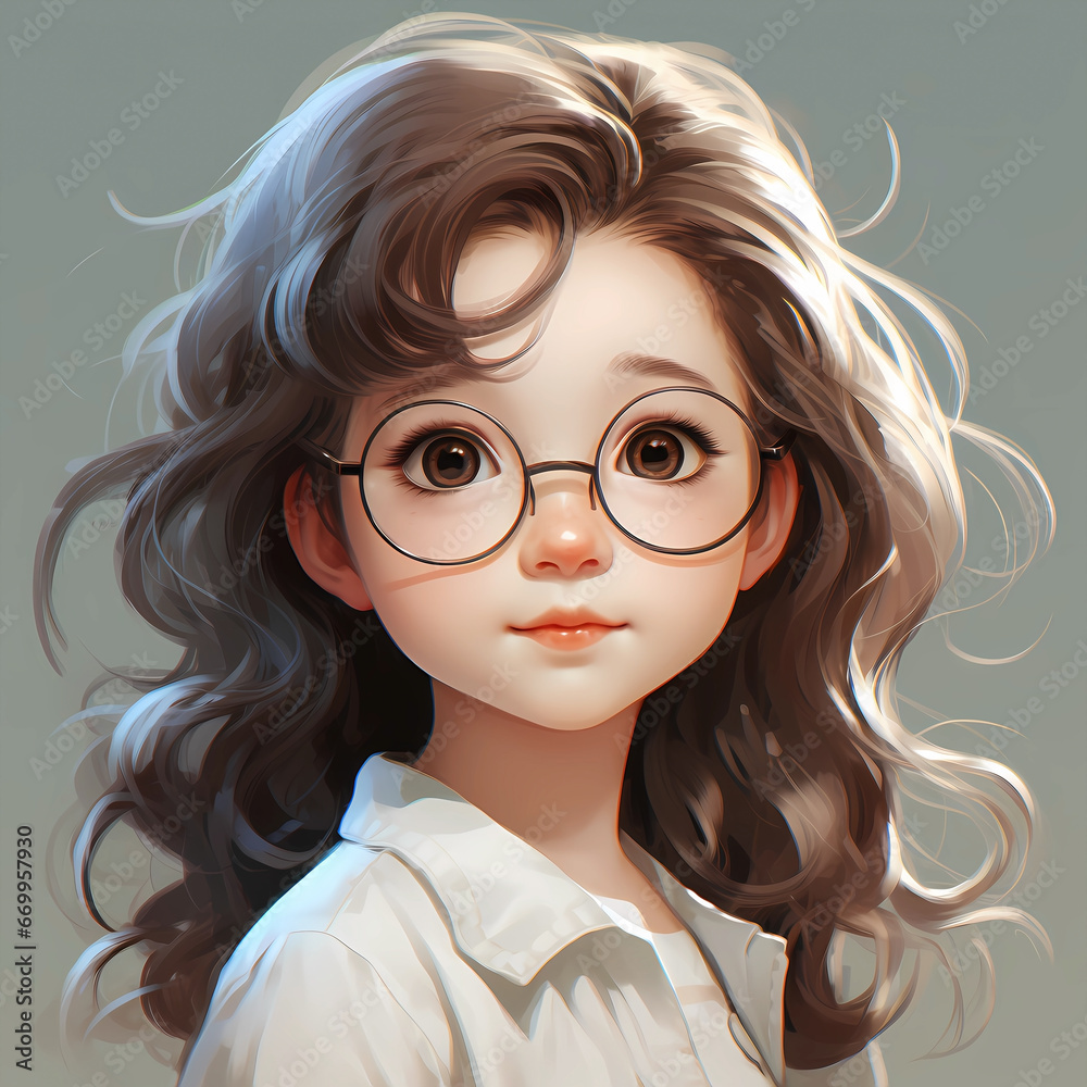 Hand drawn cartoon illustration of cute little girl wearing glasses
