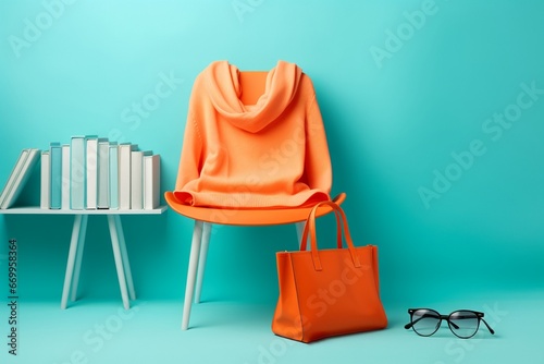 Modern orange armchair with books and eyeglasses on turquoise background photo