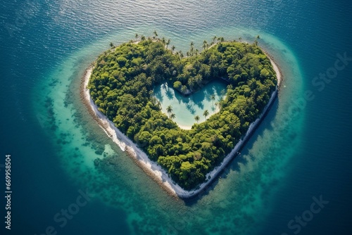 Aerial view of heart-shaped tropical island  beautiful location for travel. Generative AI © Thessaly