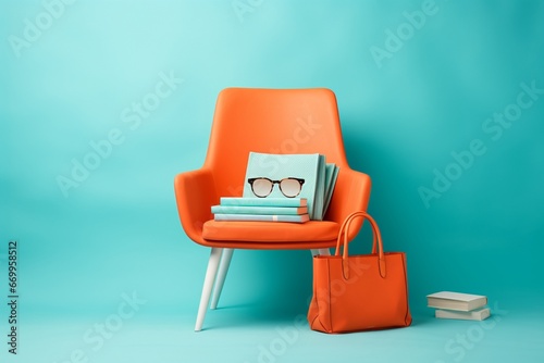 Modern orange armchair with books and eyeglasses on turquoise background photo