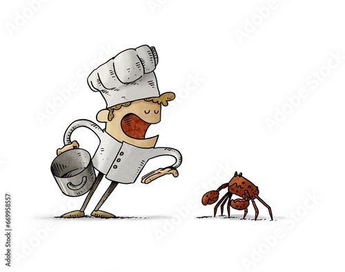Cartoon Chef Inviting Crab into Cooking Pot