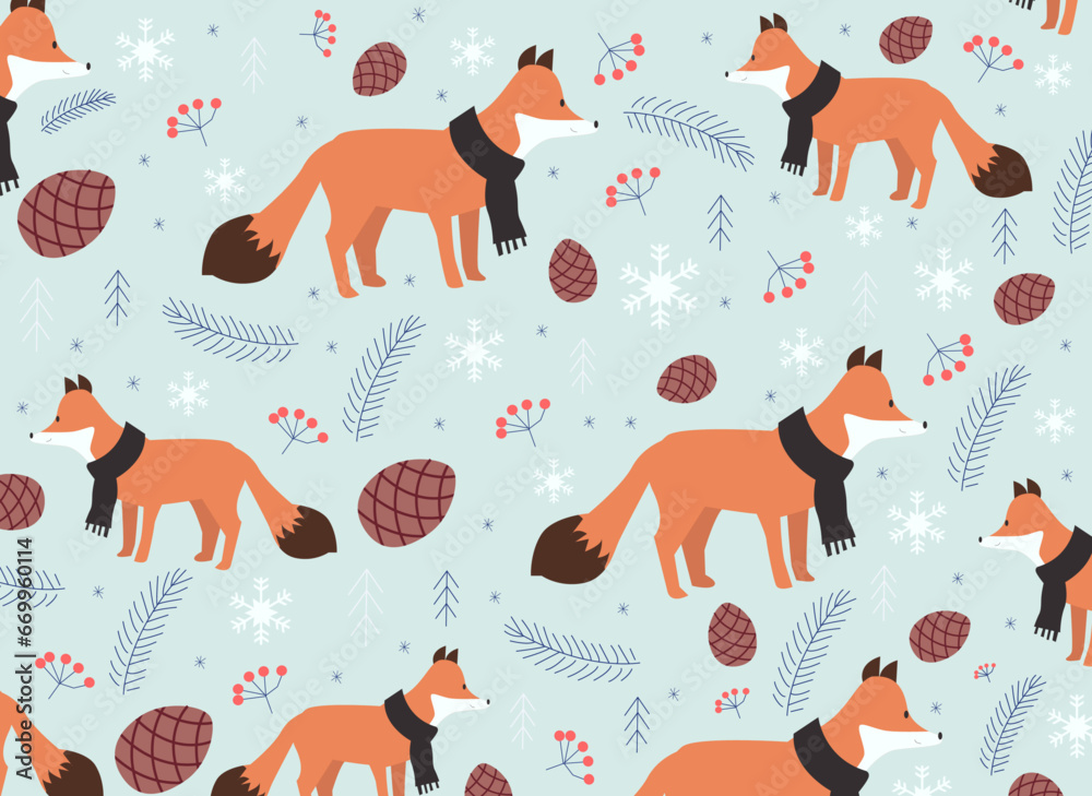 Christmas seamless pattern with foxes,cones and berries.Flat vector illustration. Christmas seamless pattern with foxes,cones and berries.Flat vector illustration.