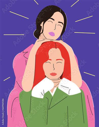Flat illustration of two bright girl friends with lips on a purple background