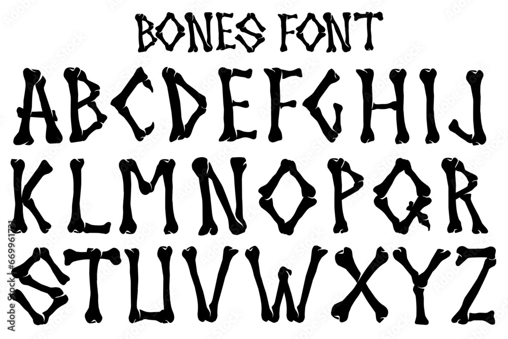 Skeletal Alphabet A to Z Vector Illustrations for Bone Font Graphics - obrazy, fototapety, plakaty 
