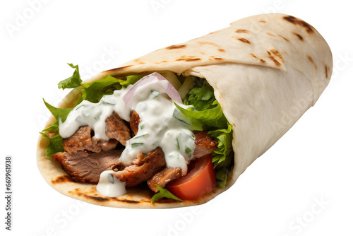 Savory Gyro Wrap with Roasted Meat and Pita on transparent background.