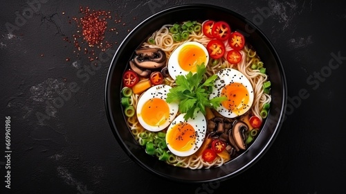 frying pan with vegetables and eggs generated by AI