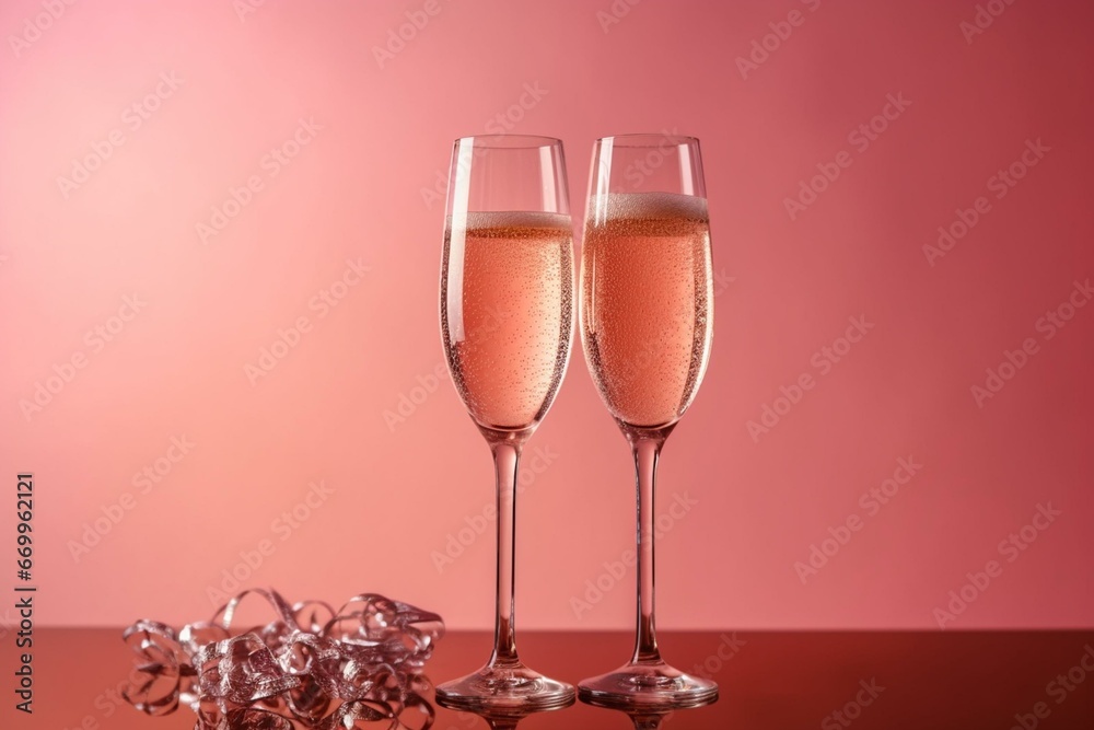 Valentine's day champagne glasses on a pink background. Generative AI