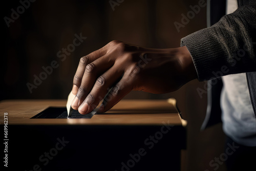 African American man's hand placing vote in an voting urn 