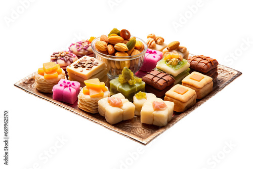 An Enticing Display of Intricate Indian Sweets on transparent background. photo