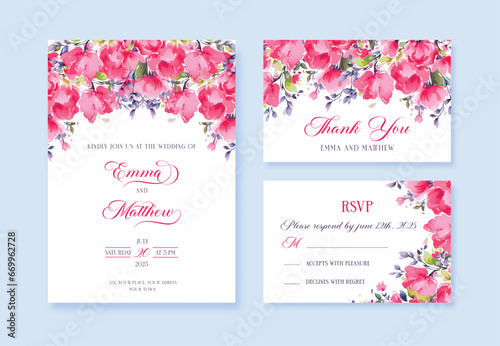 Watercolor Pink Wedding invitation with wild flowers, thank you and rsvp cards, vector template.