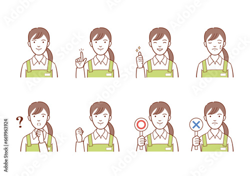 エプロンのユニフォーム姿の若い女性イラスト　表情バリエーションセット