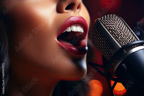 close-up woman singing into microphone