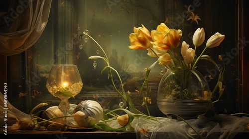 Classic still life with bouquet of three yellow tulip blossoms in ancient vintage container, two cut lemon natural products and drapery in bar of light on green foundation and ancient photo