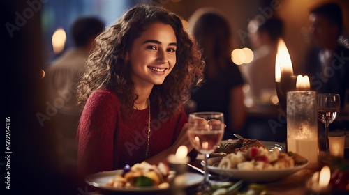 Cheerful youthful lady sitting by Thanksgiving table among her companions