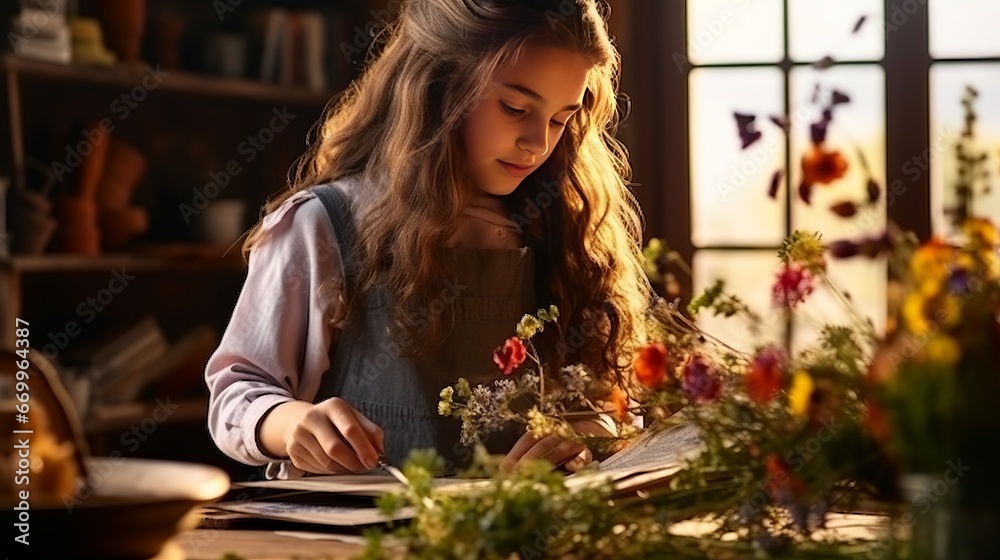 Charming child young lady making herbarium at domestic, harvest time regular creates Charming child young lady making herbarium at domestic, harvest time regular creates
