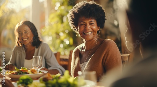 Cheerful African American lady having Thanksgiving lunch with her family and serving serving of mixed greens at feasting table.