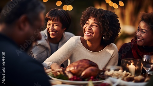 Cheerful African American develop lady carving turkey meat whereas having Thanksgiving supper with her family photo