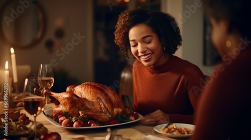 Cheerful African American develop lady carving turkey meat whereas having Thanksgiving supper with her family photo